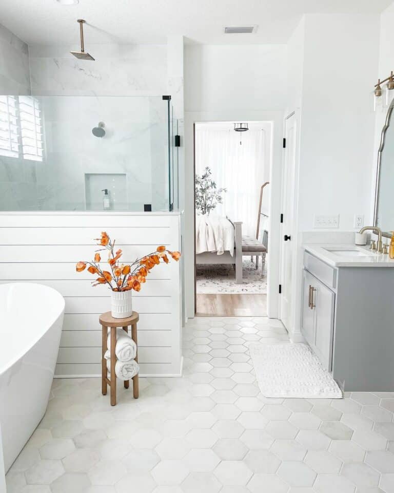 Hexagon Tiles and Shiplap Walls in White Bathroom