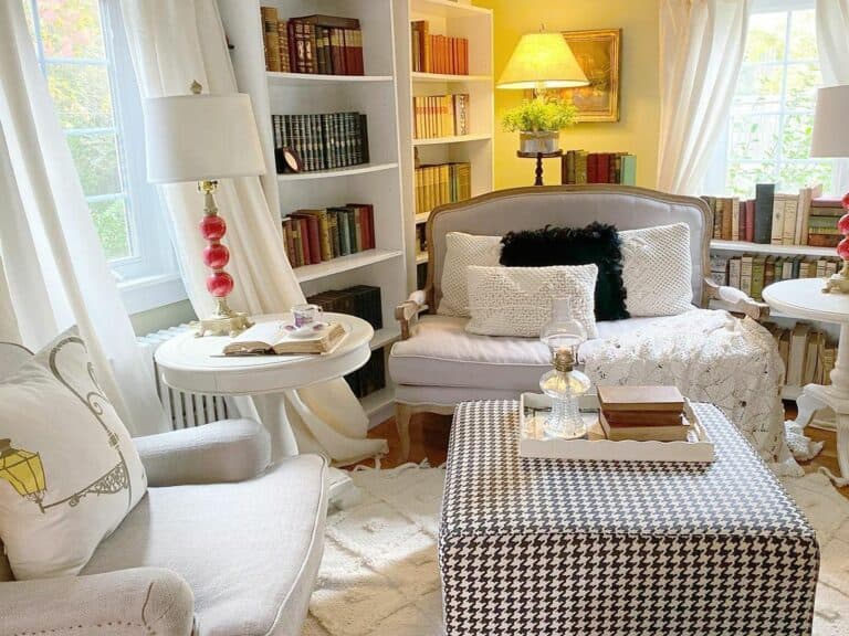 Home Library With Houndstooth Ottoman Coffee Table