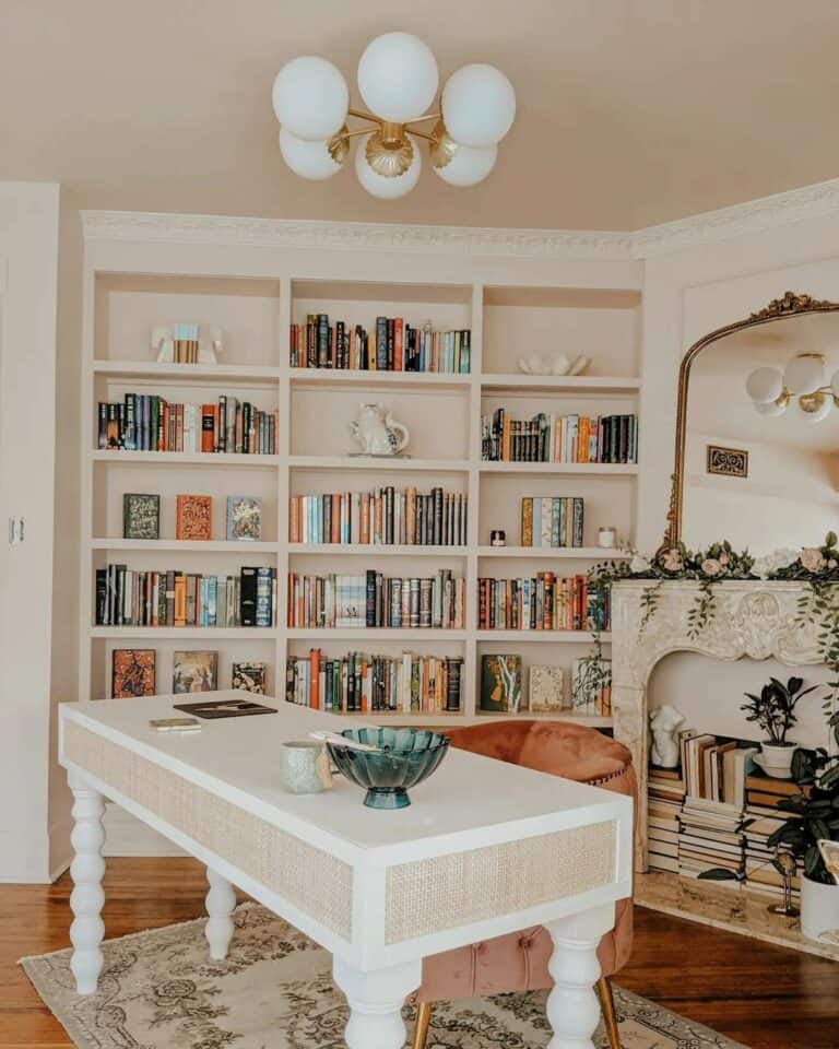 Home Library With White and Beige Cane Desk