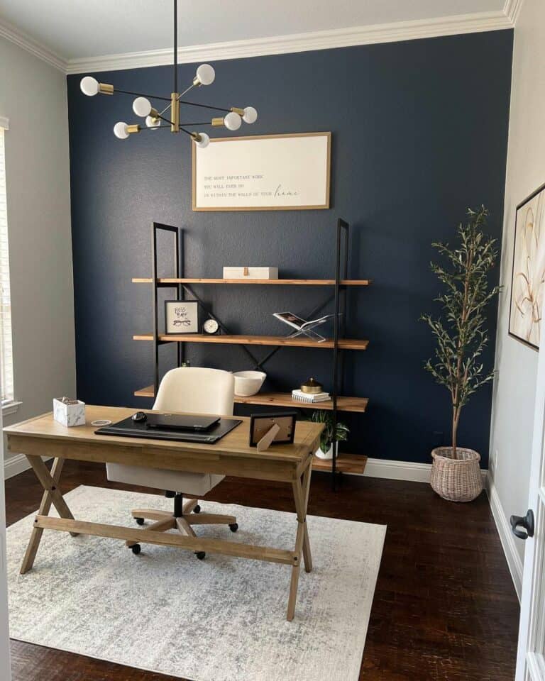 Home Office With Navy Blue Accent Wall