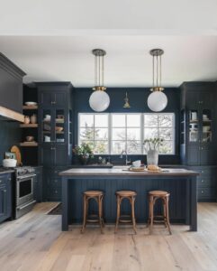 Indigo Kitchen With White Hanging Light Fixtures