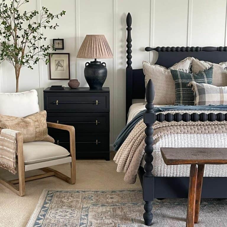 Jet Black Bedframe and Nightstand With Vertical Shiplap Walls