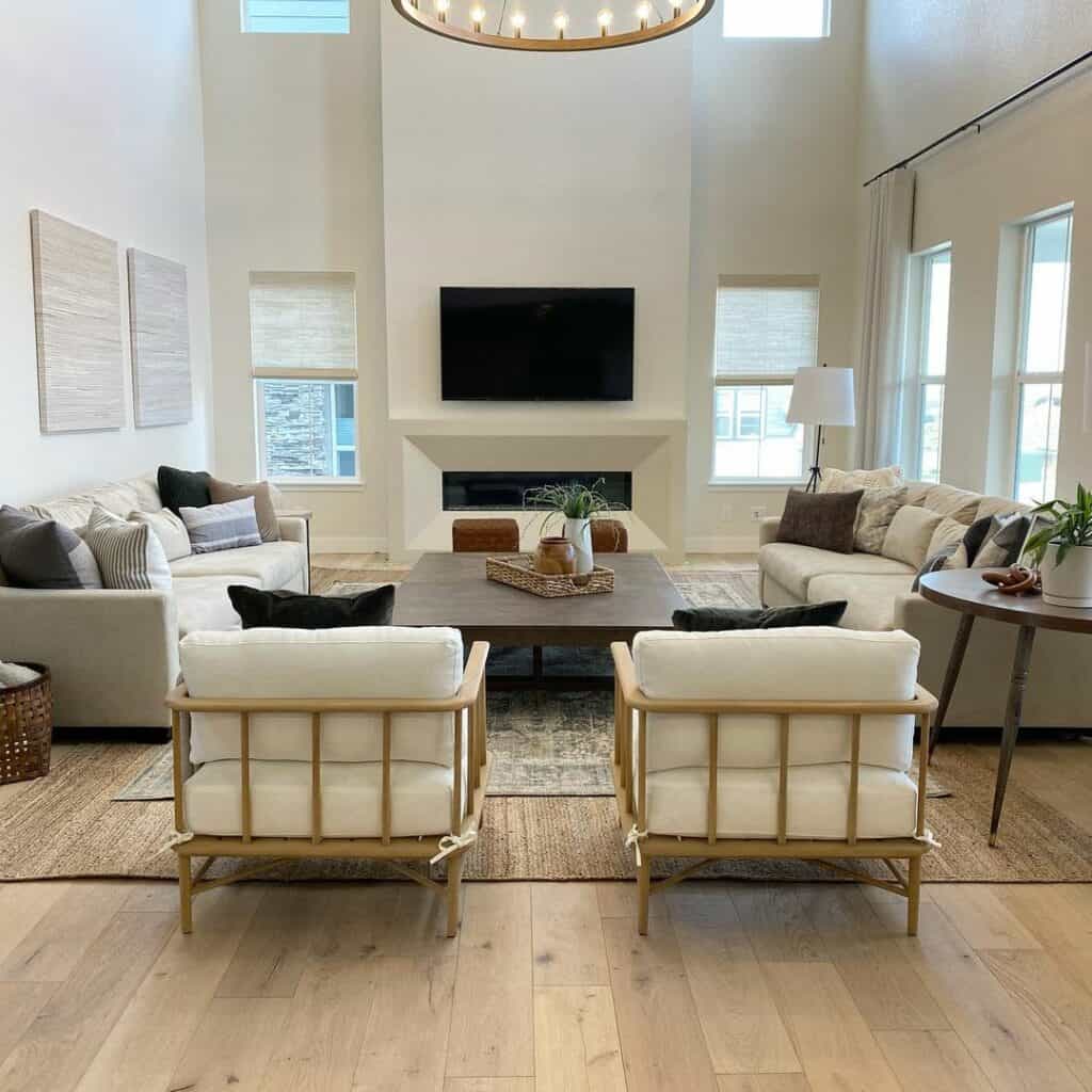 Large Farmhouse Living Room With To Matching White Sofas