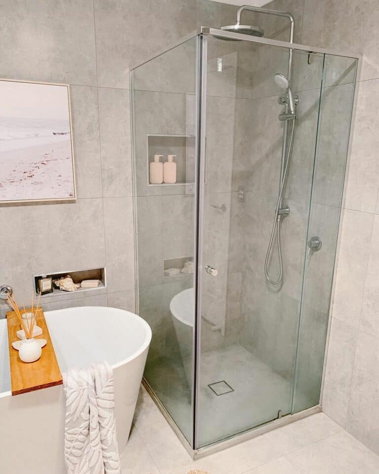 Large Light Gray Square Tiles in a Modern Boho Shower