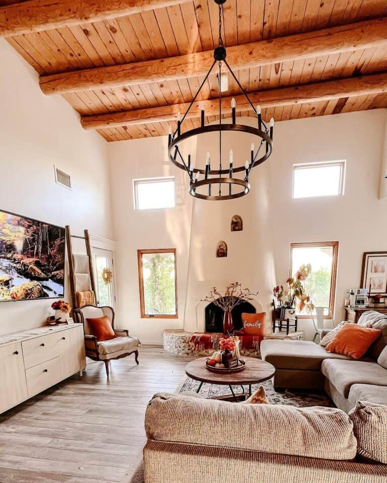 Layered Wagon-wheel Light Fixtures for a Rustic Ceiling