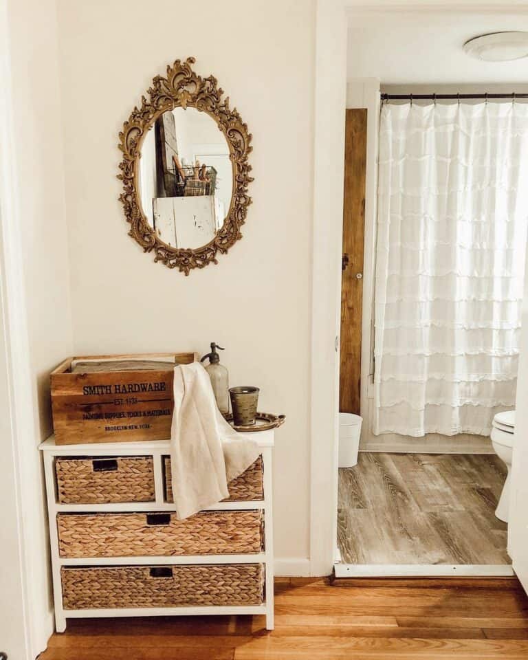 Layered White Shower Curtains Perfect for Rustic Bathrooms