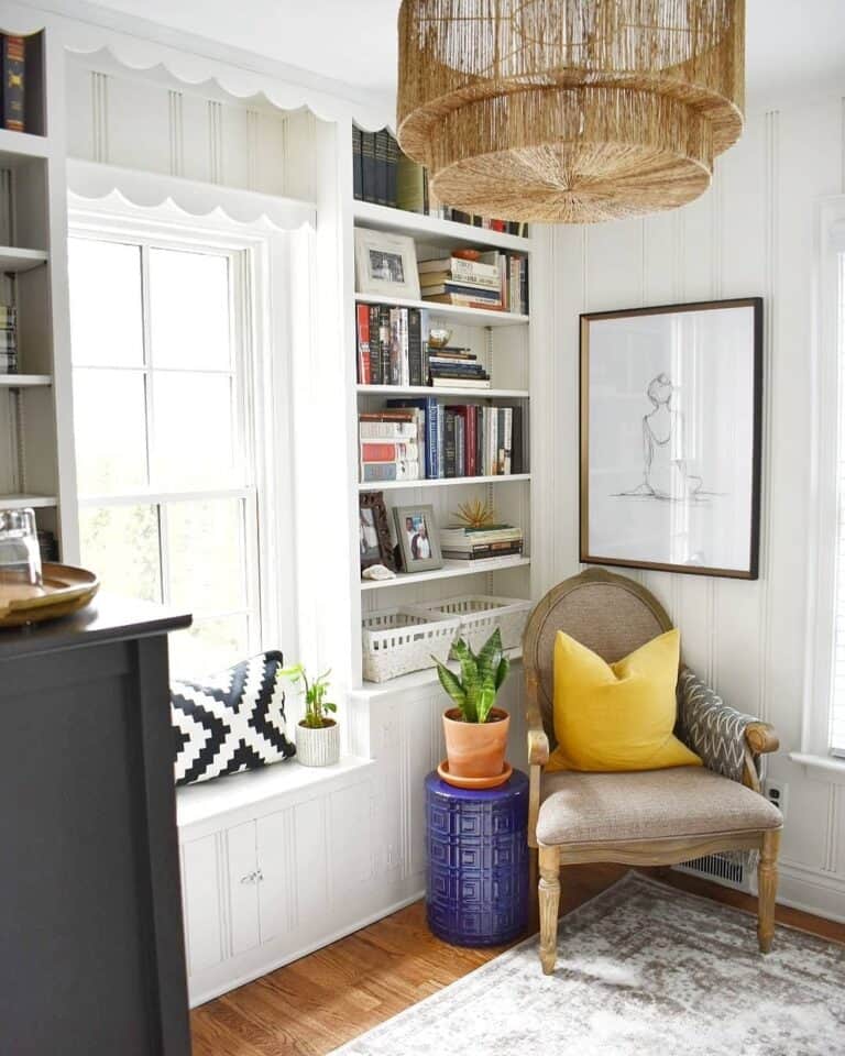 Library Nook With White Built-in Window Bench