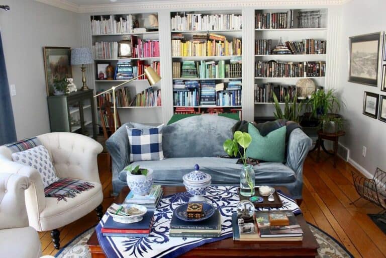 Library Room With Blue Velvet Sofa