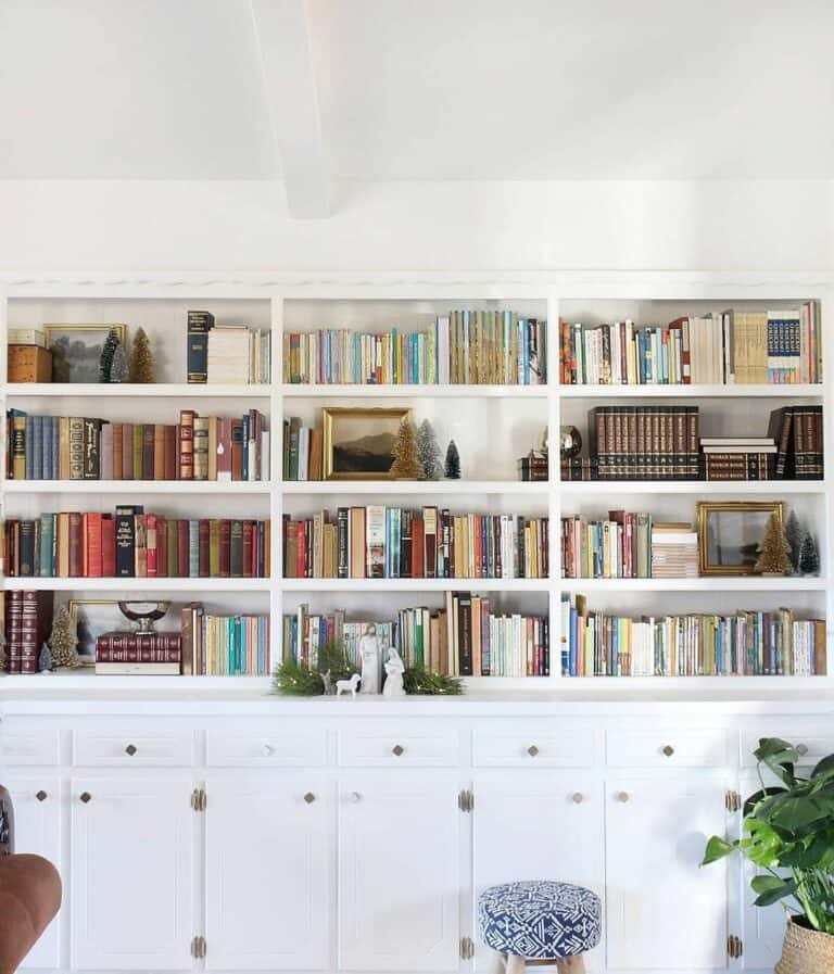Library With White Built-in Shelves and Cabinets