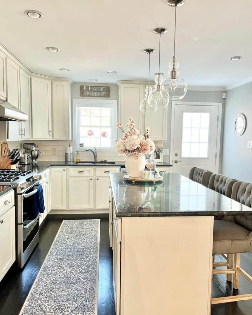Light Gray Kitchen With Tufted Counter Stools
