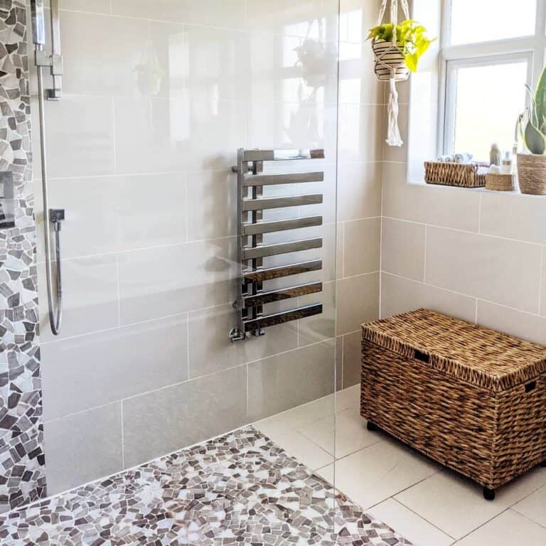 Light Gray Tiles in a Rustic Bathroom Retreat