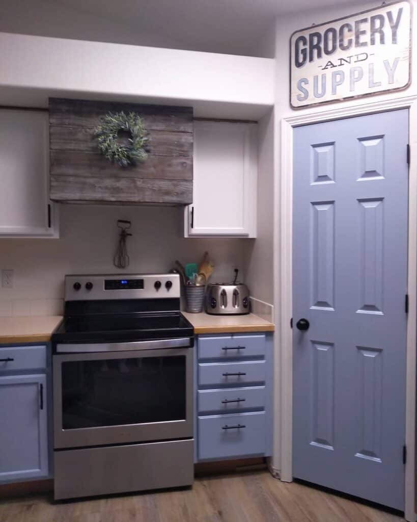 Light Lavender Kitchen With Oak Kitchen Vent Hood