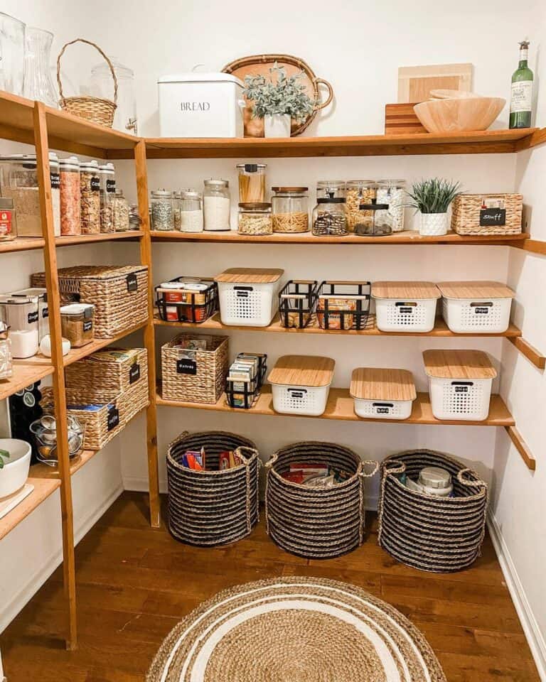 Light Wood Shelves Above Decorative Baskets
