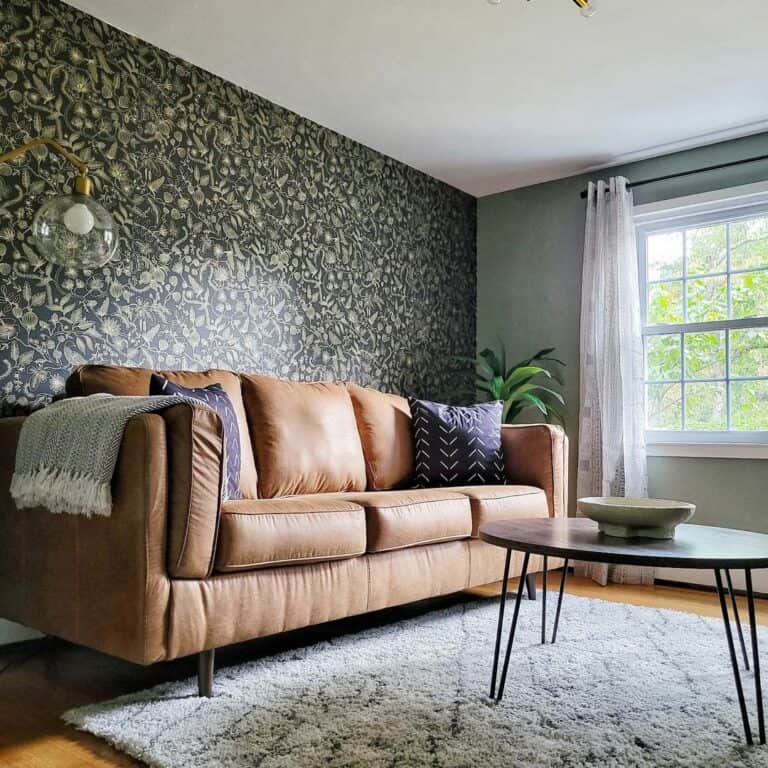 Living Room Accent Wall With Green Botanical Wallpaper