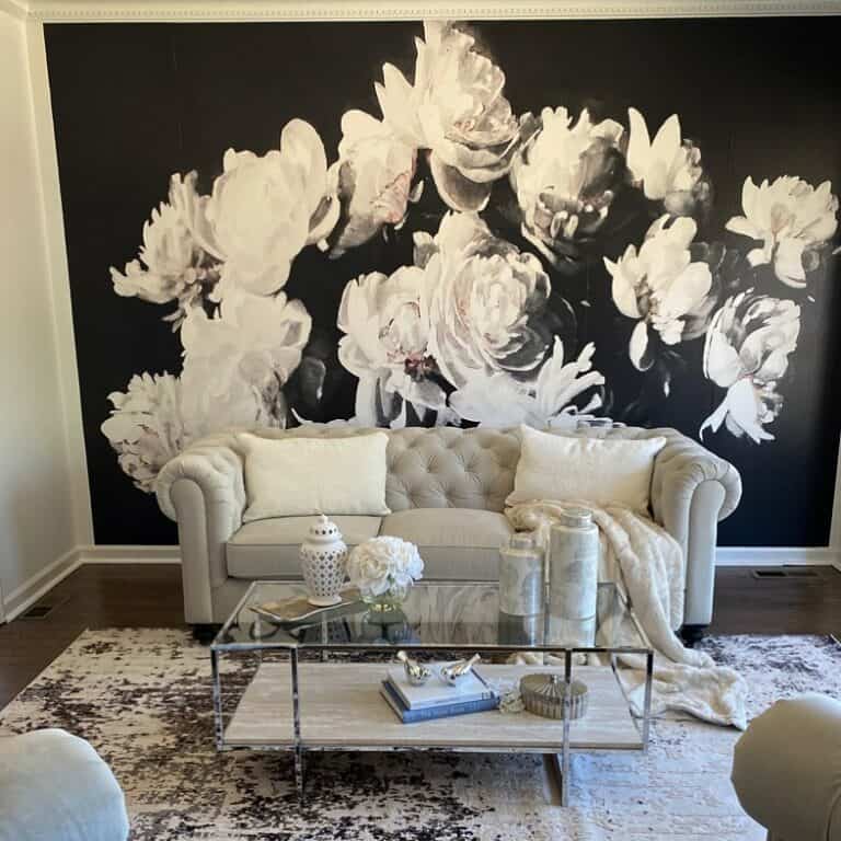 Living Room With Black and White Mural Wallpaper