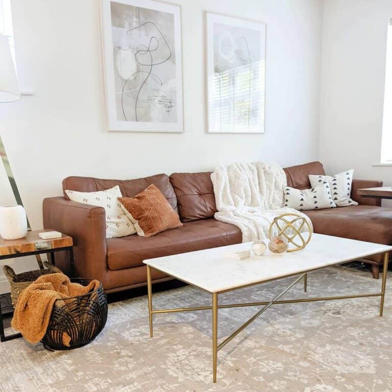 Living Room With Brown Leather Chaise Lounge Sofa