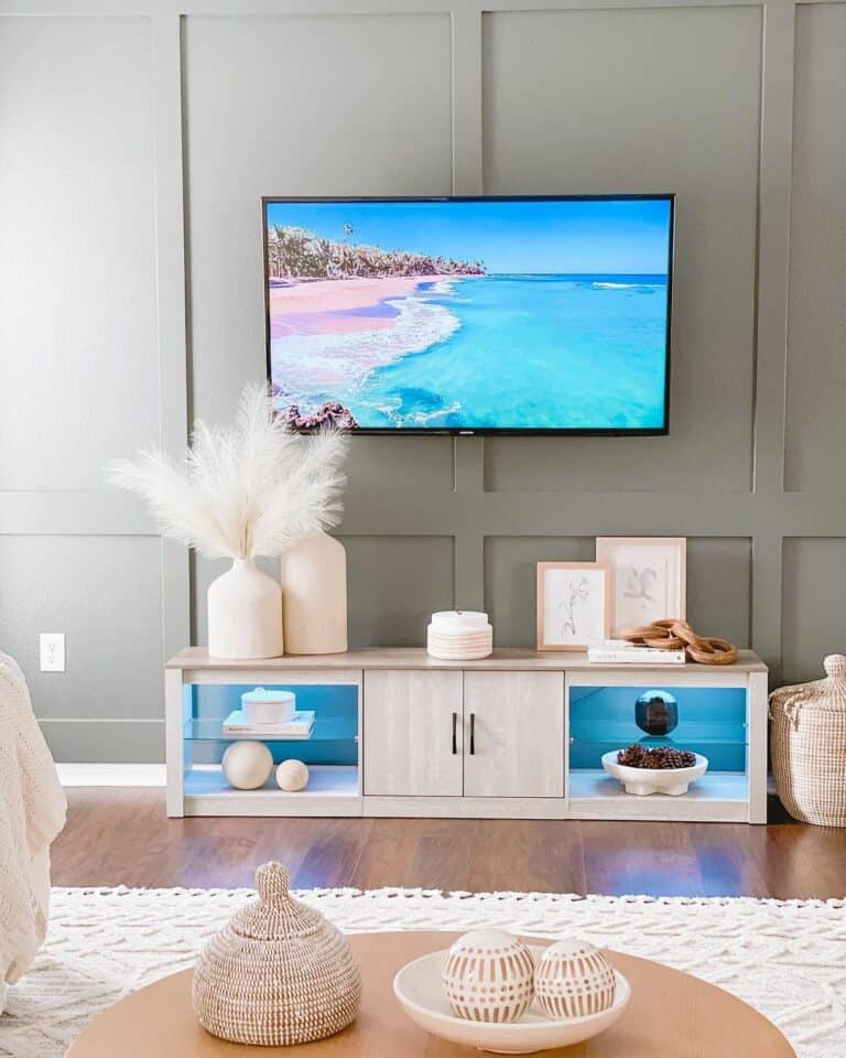 Living Room With Light Wood TV Stand