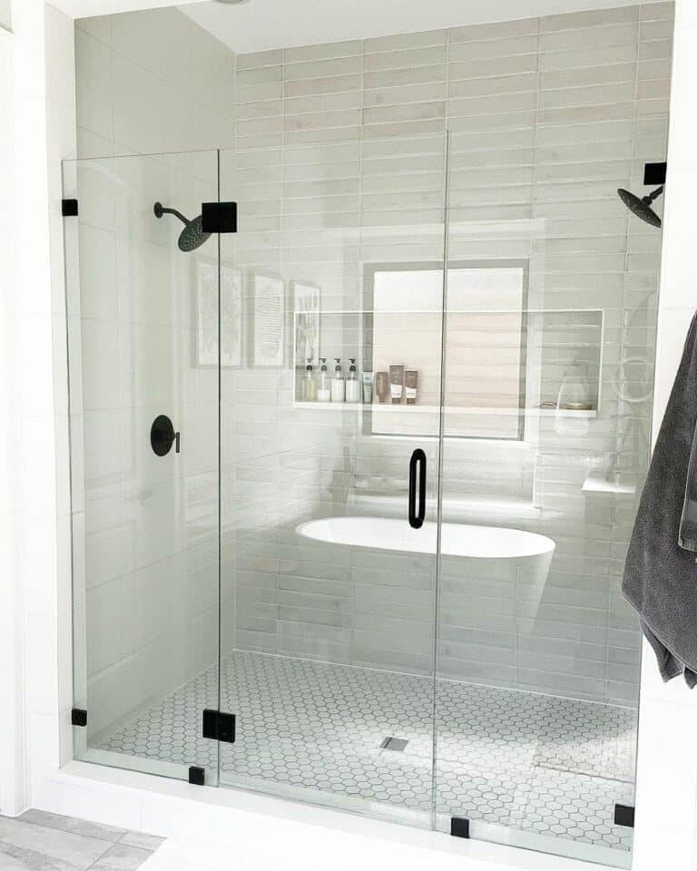 Long Beige Horizontal Tiles on a Shower Wall