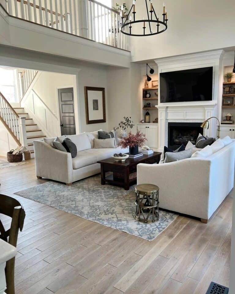 Mirrored Sofas in a Small Modern Farmhouse Living Room
