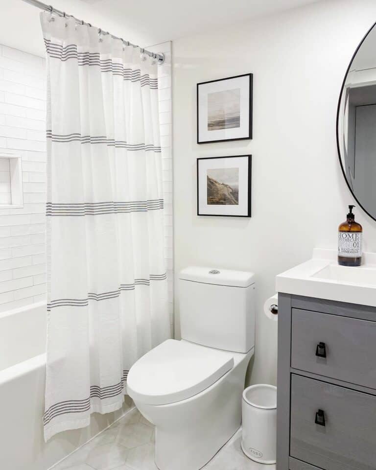 Modern Bathroom Showcases a Striped Shower Curtain