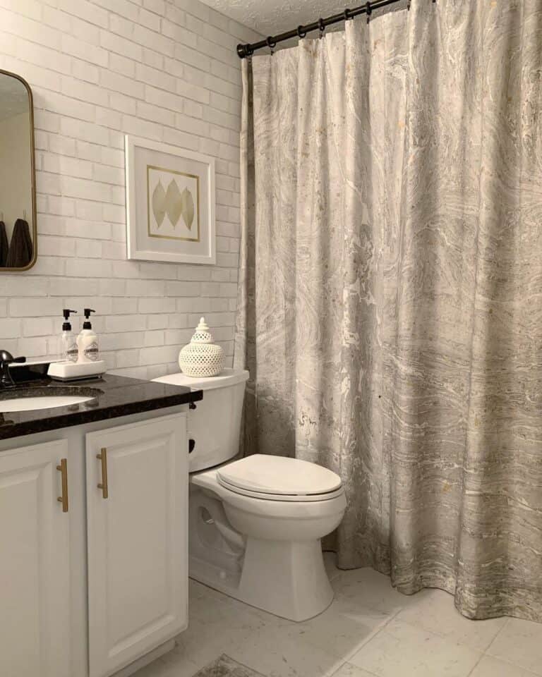 Modern Bathroom With Marbled Shower Curtain