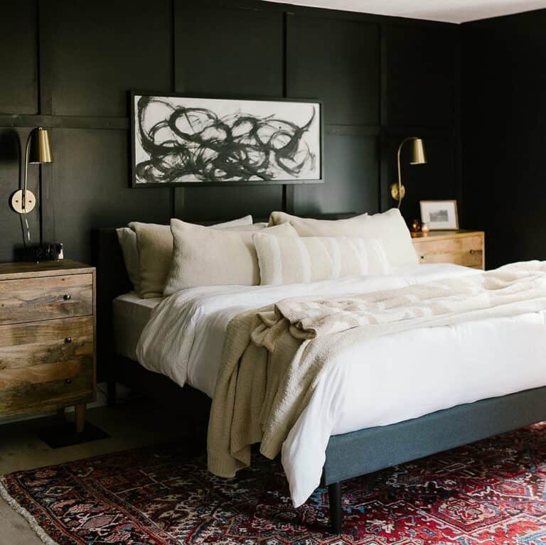 Modern Black Bedroom Walls With Gold Sconces