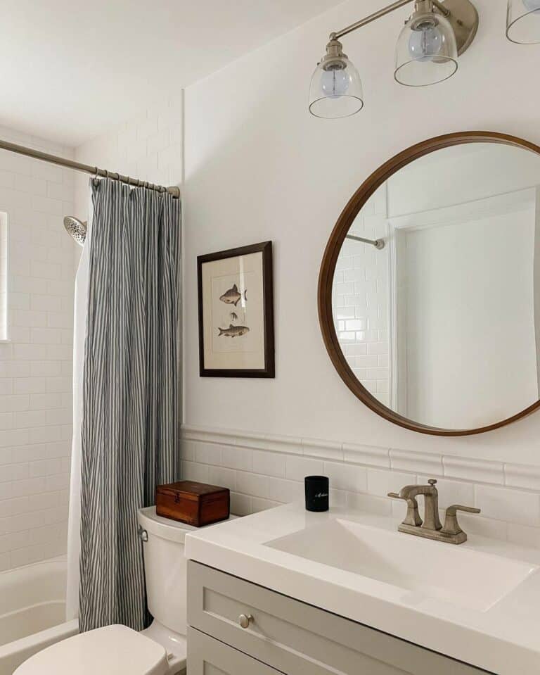 Modern Farmhouse Bathroom With Striped Shower Curtain