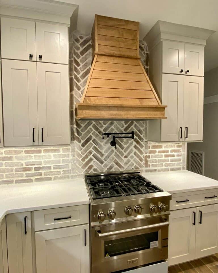 Modern Farmhouse Style Kitchen With Wooden Hood Vent