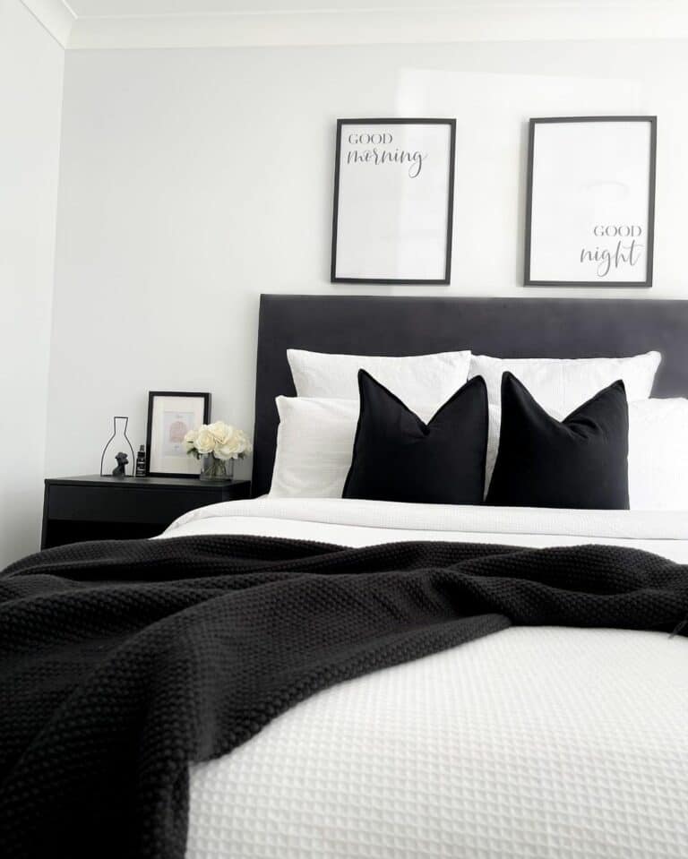 Modern Feminine Black and White Bedroom With Black Cushions - Soul & Lane