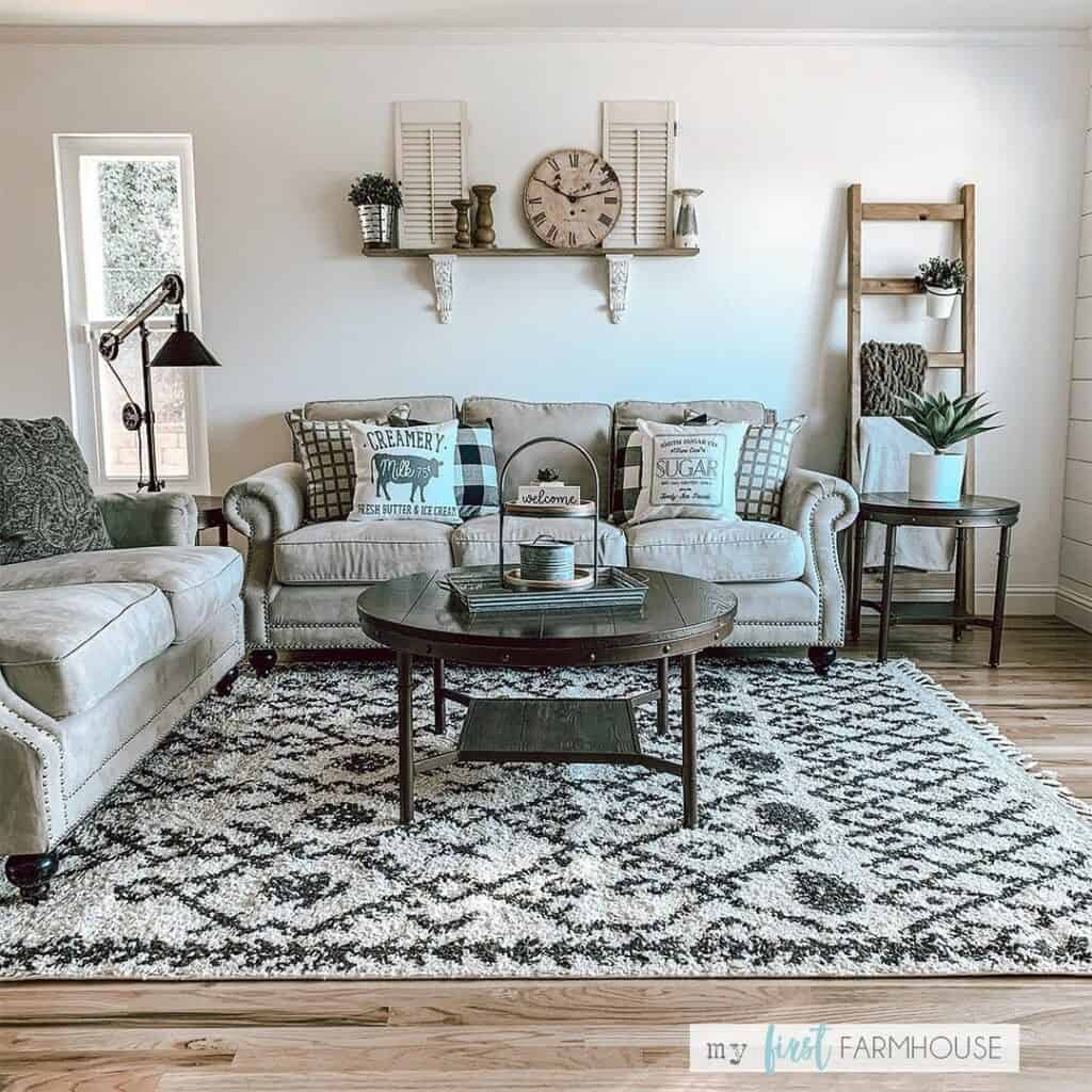 Monochromatic Farmhouse Living Room With Two Sofas