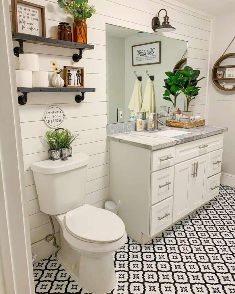 Mosaic Flooring Paired With White Shiplap