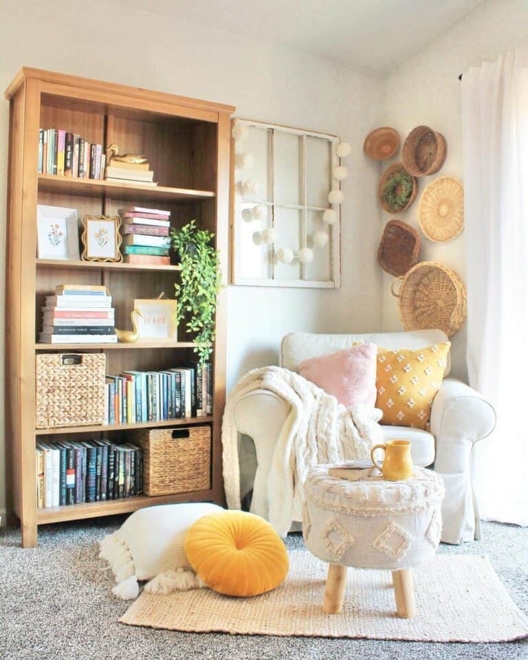 Natural Wood Bookcases for a Farmhouse Living Room