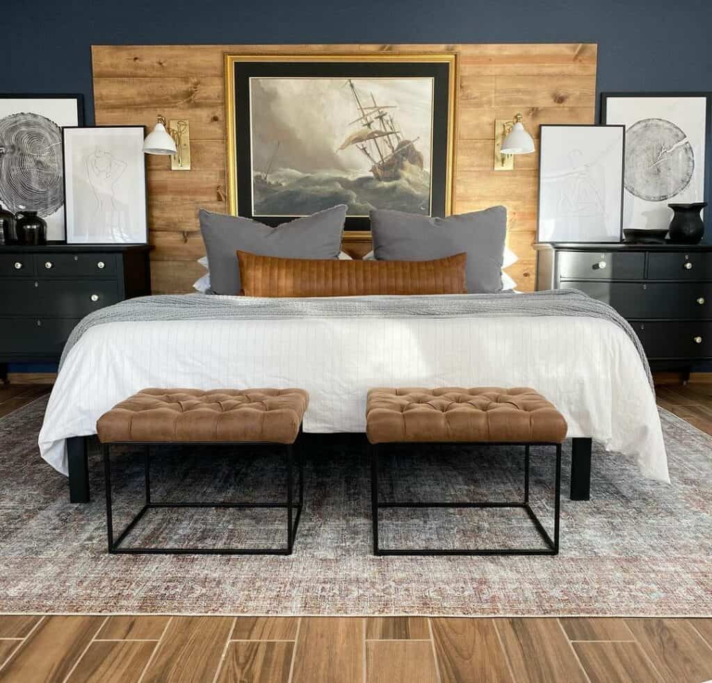 Nautical Bedroom Layout With a Wall Mounted Headboard
