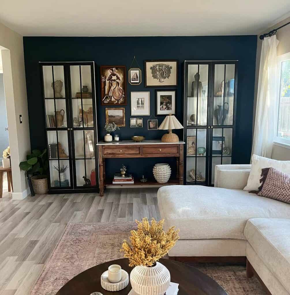 Navy Accent Wall With Living Room Display Cabinets