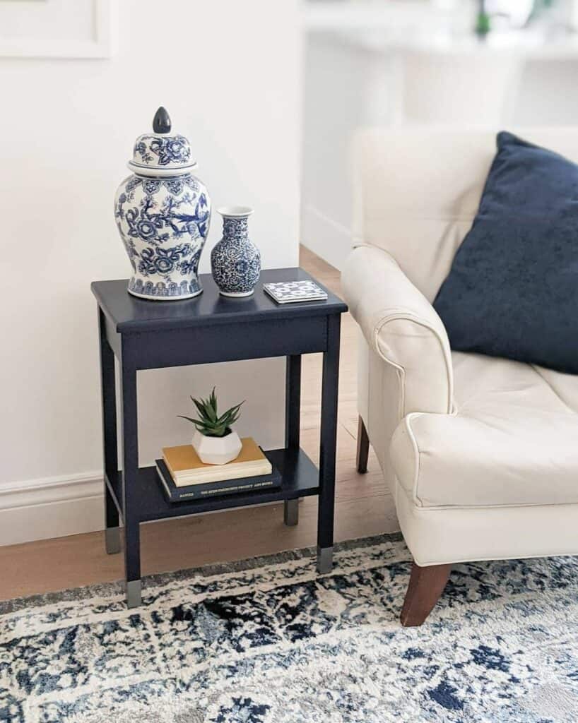 Navy Accents Combined With a Blue and White Rug