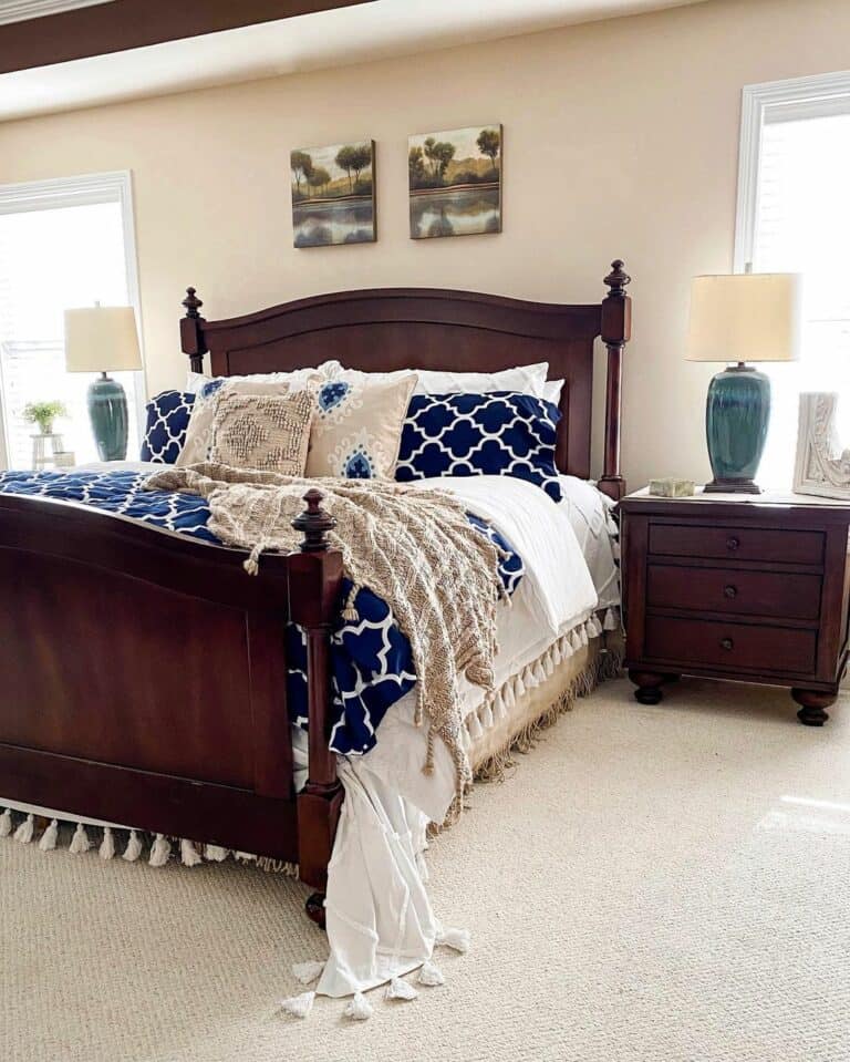 Navy Blue Pillows With Dark Espresso Bed