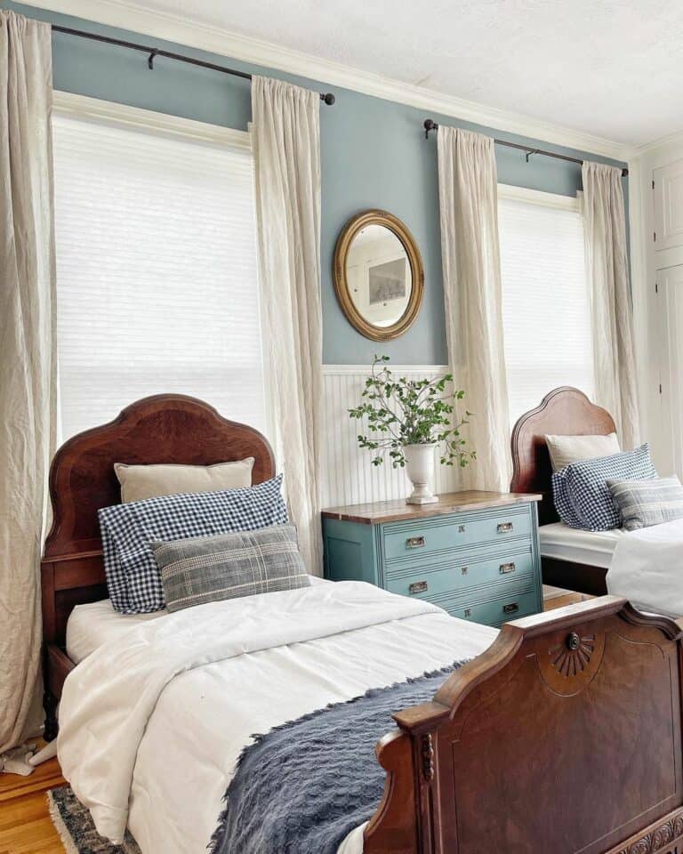 Oak Wood Beds in Light Blue Bedroom
