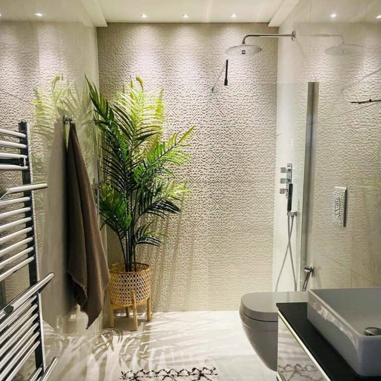 Open-concept Bathroom With Stone-textured Beige Walls