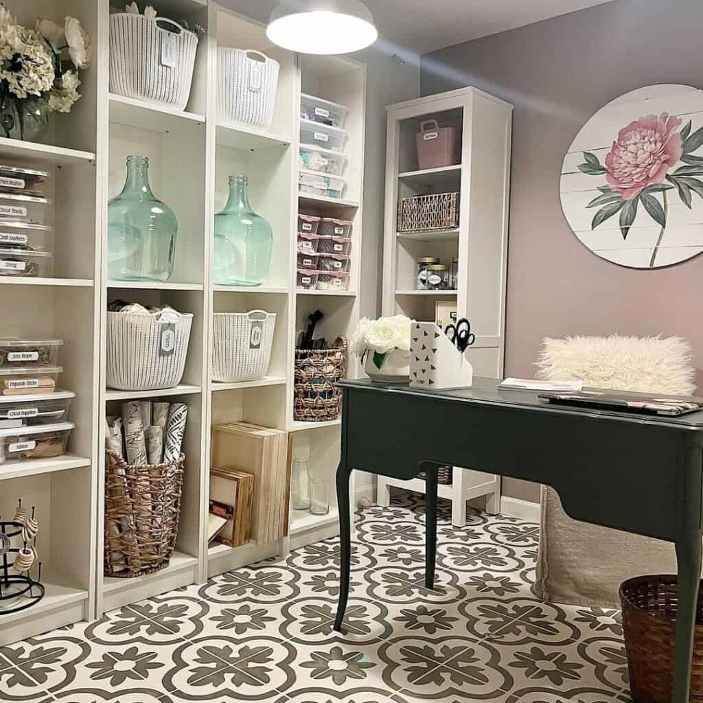 Organized Craft Room With White Shelves