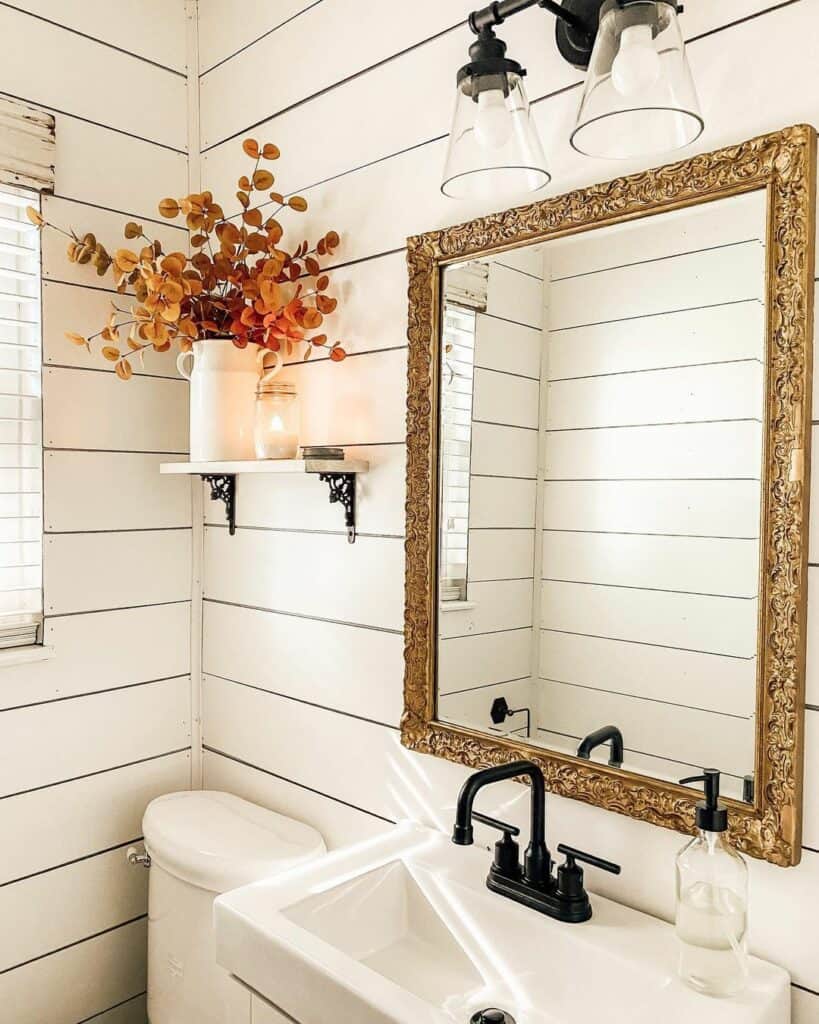 Ornate Gold Frame Mirror for Shiplap Half Bath