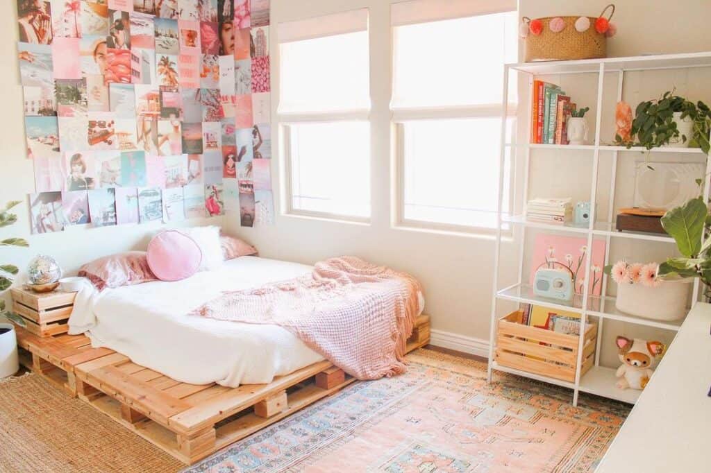Pallet Bed Beneath a Collage of Photos