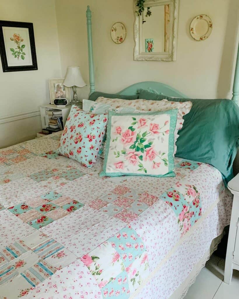 Patchwork Quilt Spread on a Blue Bed