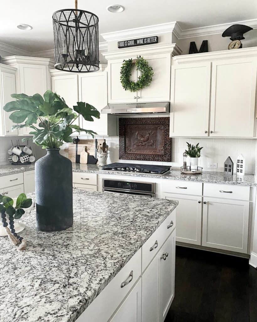 Patterned Marble Countertop in Farmhouse Kitchen