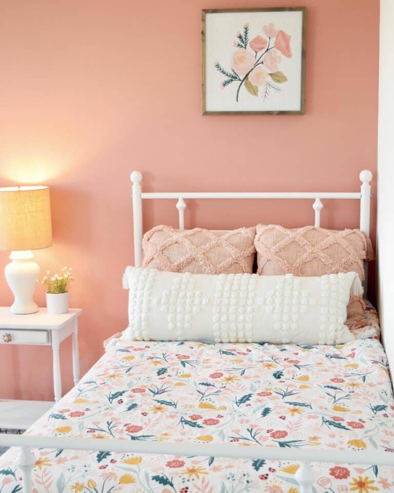 Peach Bedroom Illuminated by a Table Lamp