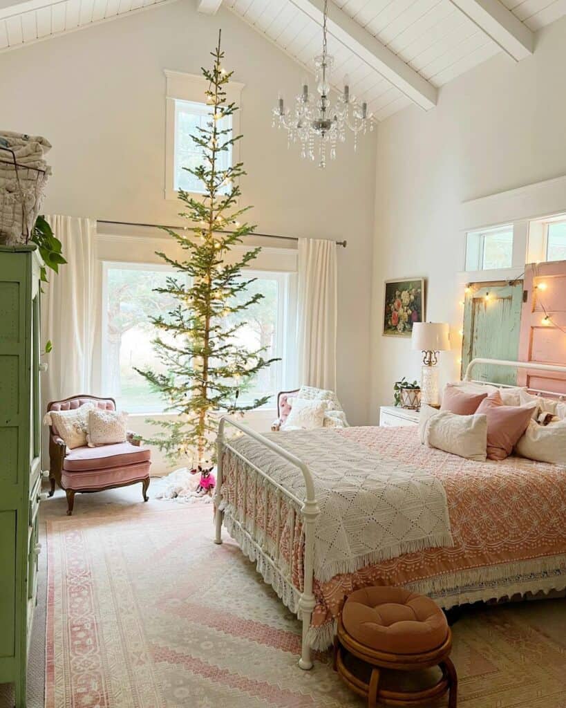 Pink Bedroom With Tall Christmas Tree