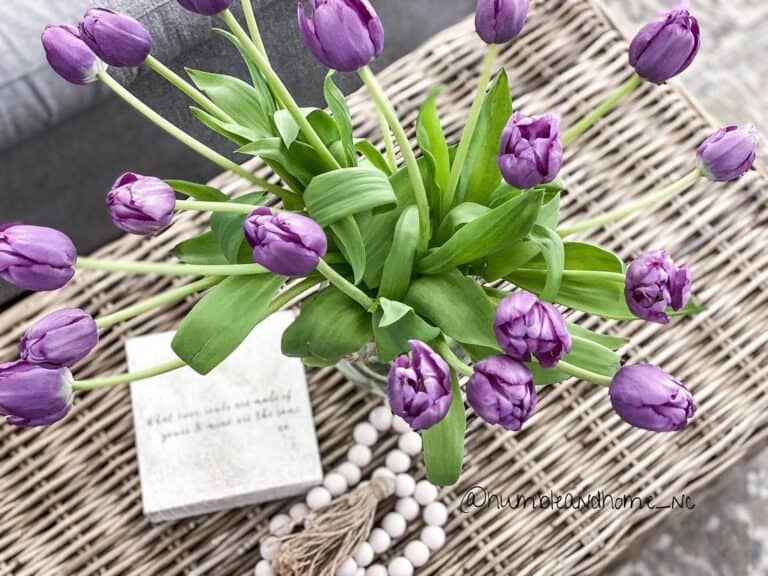 Purple Tulips Centerpiece on Wicker Coffee Table