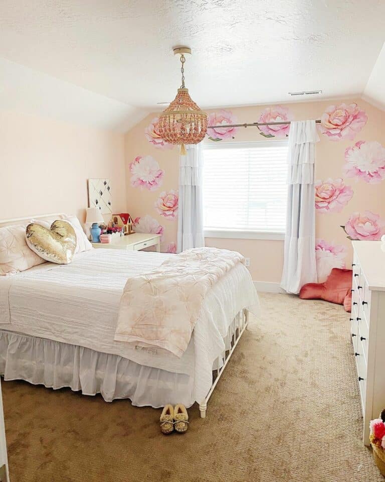 Ruffled Curtains Against Pink and Peach Wallpaper