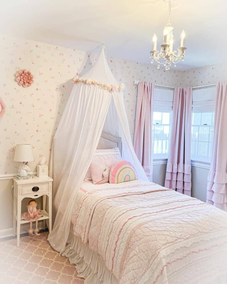Ruffled Pink Curtains Paired With Floral Wallpaper