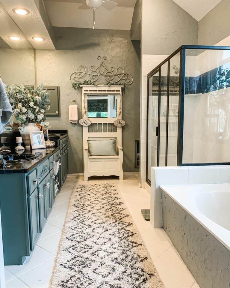 Rustic Bathroom With Green Cabinets