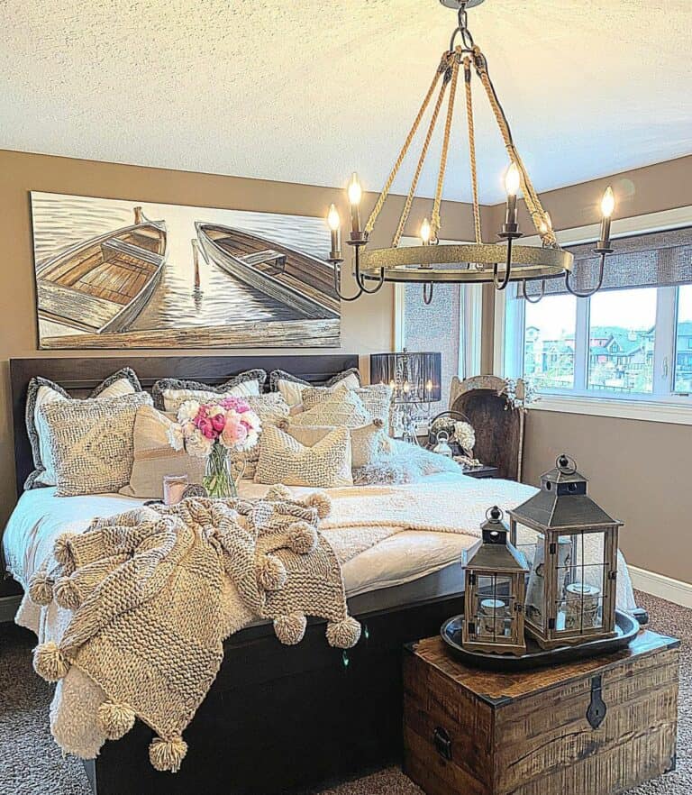 Rustic Chest Beneath Circular Farmhouse Chandelier